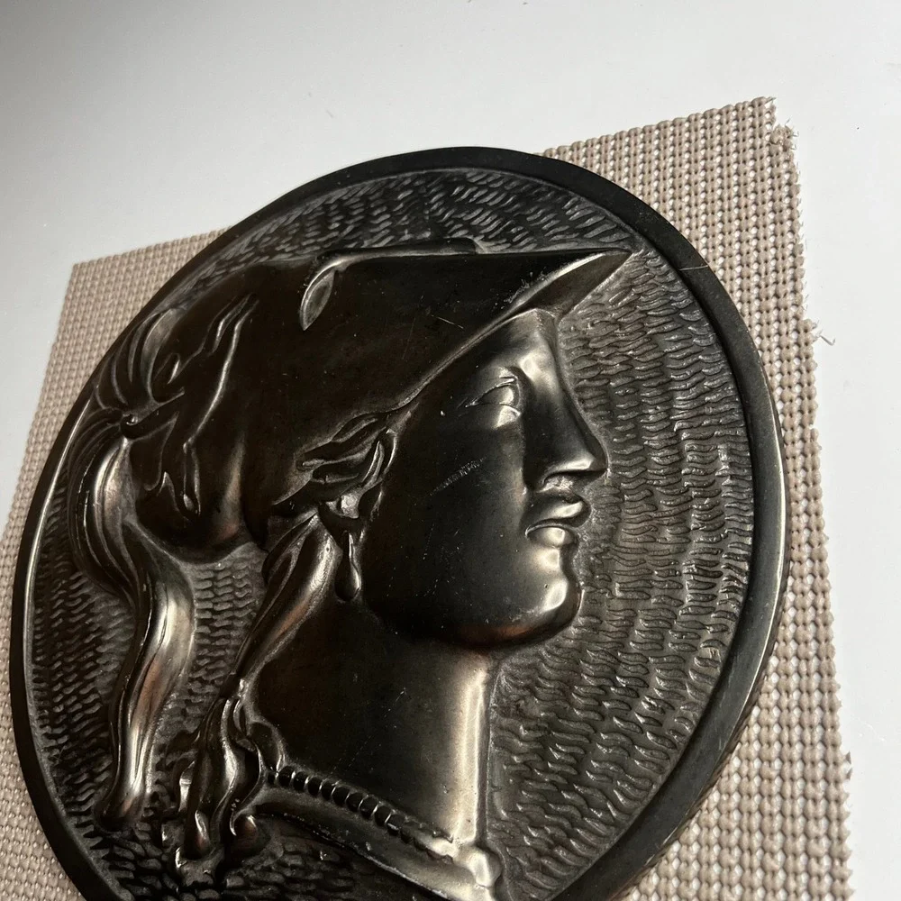 Vintage Greek Athena Minerva Medallion Wall Plaque Cast Metal Relief 11 Inch